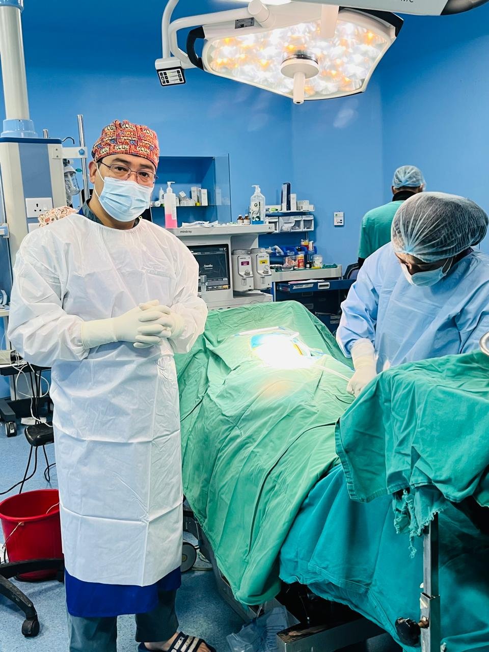 Dr. Sebak Shrestha performing laparoscopic gynecological surgery in Nepal